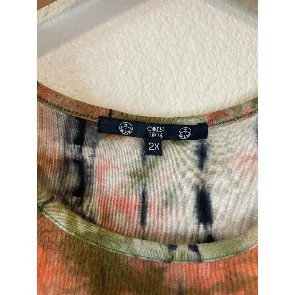 Coin 1804 Boho Tie Dye Orange & Green Sleeveless Relaxed Fit Peplum Top Size 2X